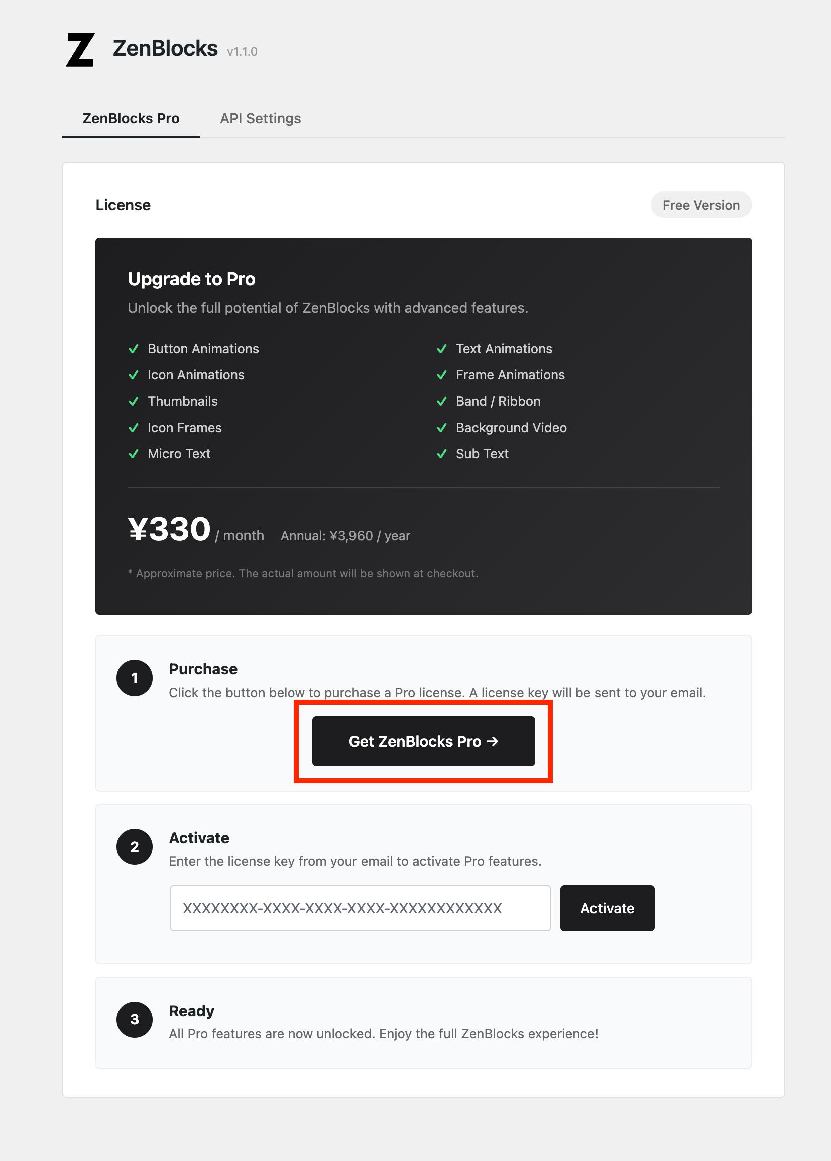 Dekat tombol "Dapatkan ZenBlocks Pro" pada layar pengaturan ZenBlocks
