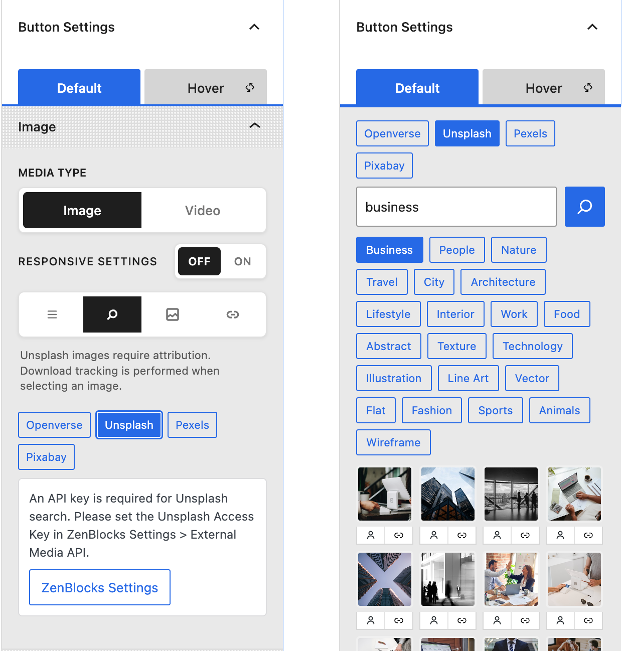 Layar pencarian sebelum dan sesudah pengaturan API Unsplash