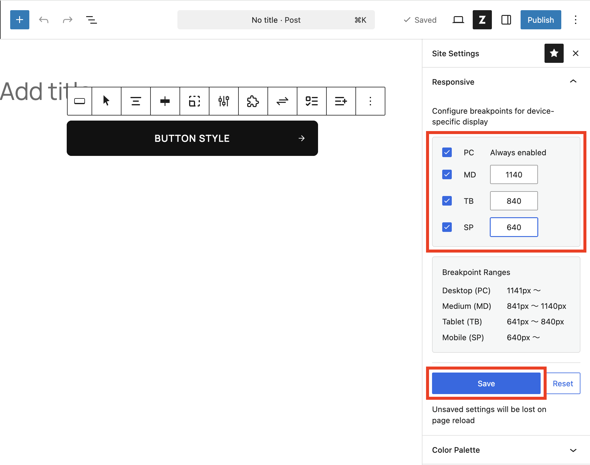 Salvare le modifiche ai breakpoint con il pulsante Save